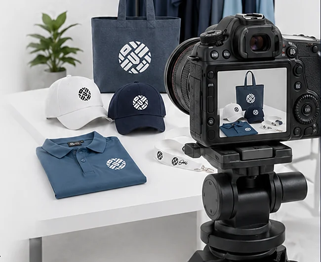 Set de producción con cámara en trípode fotografiando las prendas